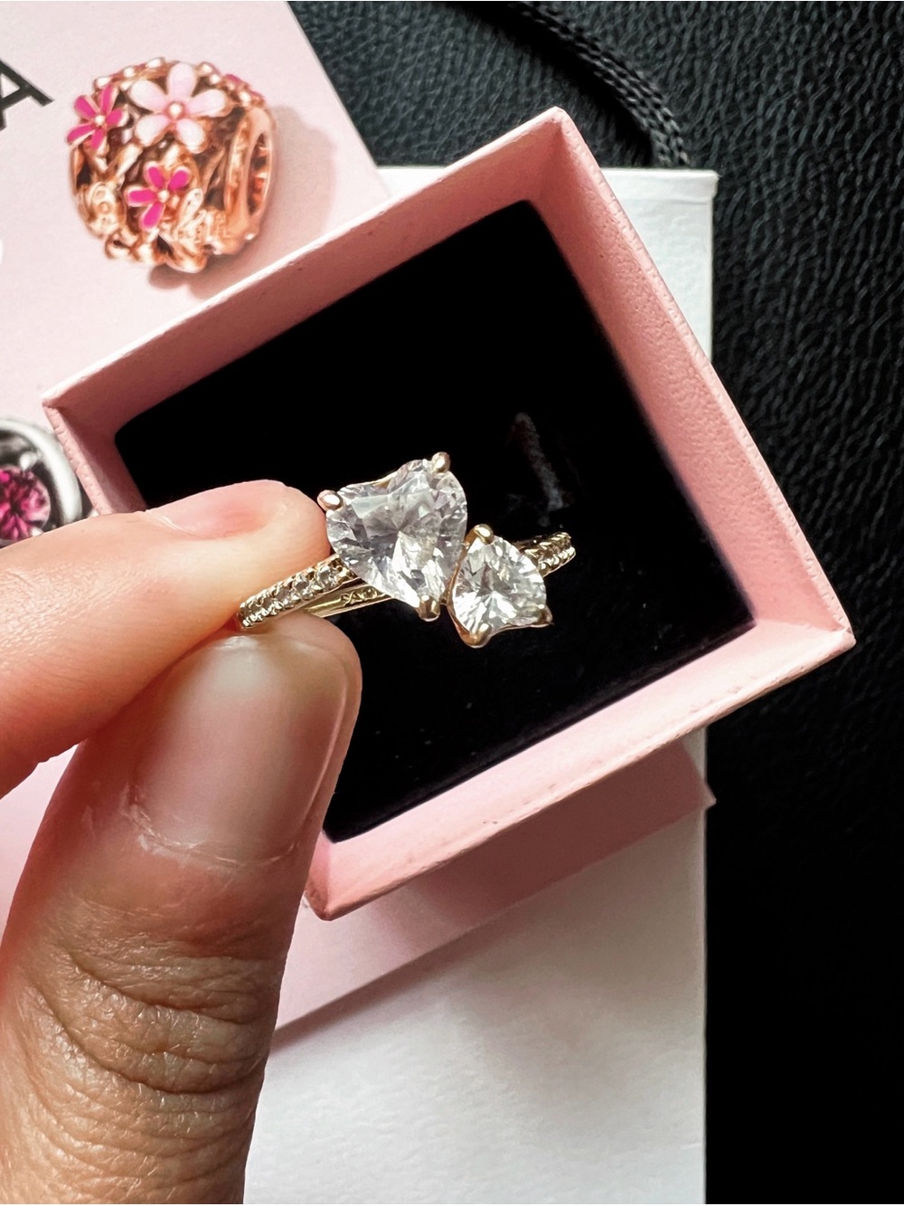 PANDORA Double Heart Sparkling Ring 14k gold plating (Size 7)